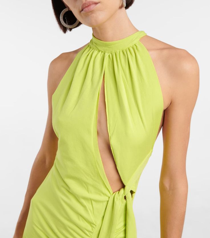 Merle Cutout Halterneck Dress in Green - Rotate Birger Christensen | Mytheresa Summer Backless Elastane Dress, Backless Summer Elastane Dresses, Backless Elastane Summer Dress, Chic Backless Summer Dress In Elastane, Summer Bodycon Backless Dress In Elastane, Chic Summer Backless Elastane Dress, Chic Halter Dress With Cutout, Chic Backless Elastane Dress For Summer, Summer Bodycon Elastane Backless Dress