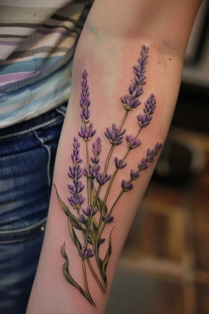 a woman's arm with purple flowers on it