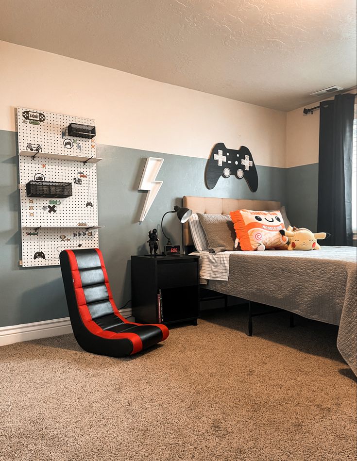 a bed room with a neatly made bed and a game controller on the wall