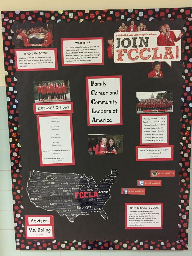 a bulletin board with pictures and information about the school's football team on it