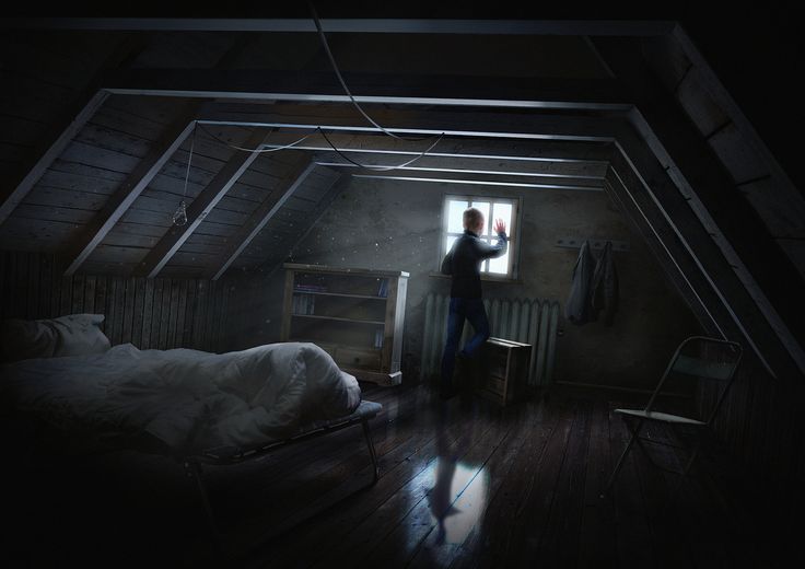 a person standing in an attic looking out the window at another person laying on their bed