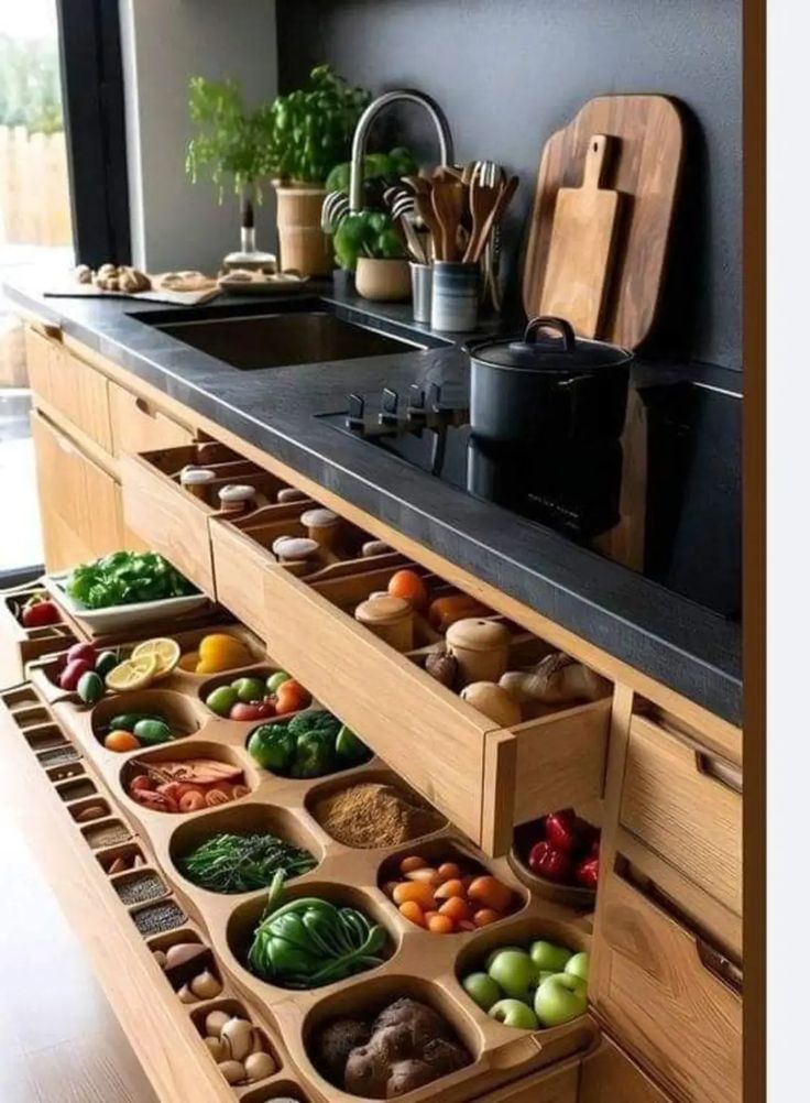 a kitchen counter with drawers filled with different types of fruits and vegetables on it's sides