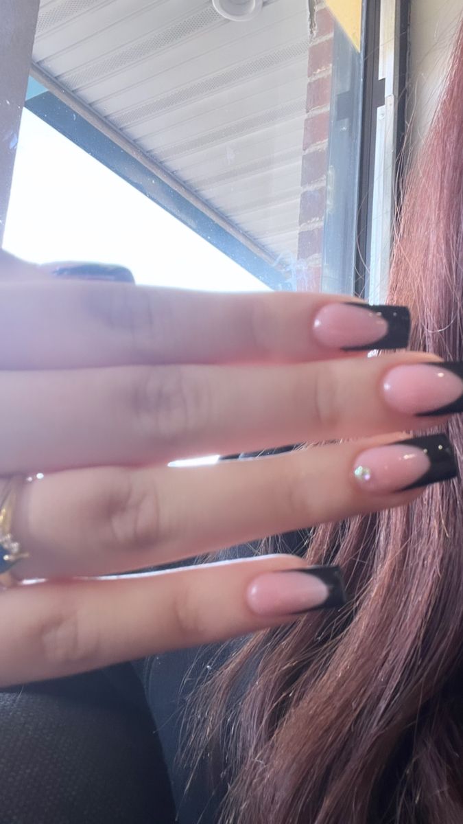 black french tips French Black Tips Nails, French Tips With Design Coffin, Plain Black French Tip Nails, Black French Tip With Pink Flowers, Baddie Black French Tip Nails, Medium Length Black French Tip Nails, Cute Long French Tip Nails, Black French Tip Nails Medium Length, Pink Nails Black French Tip