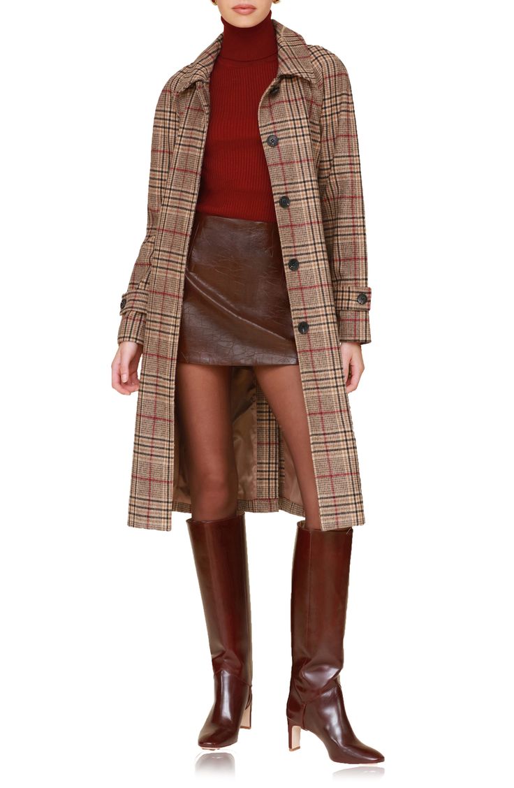 A sweeping length and trench-style belt create a striking silhouette in a plaid coat lightly kissed with wool and refreshed with a buttoned back placket. 45 1/2" length (size Medium) Hidden-button placket Spread collar Adjustable button belted cuffs Front welt pockets Removable belt Lined 87% polyester, 13% wool Dry clean Imported Long Plaid Wool Coat, Classic Fall Style, Plaid Winter Coat, Plaid Wool Coat, European City, Longline Coat, Plaid Outfits, City Outfits, Fall Clothing