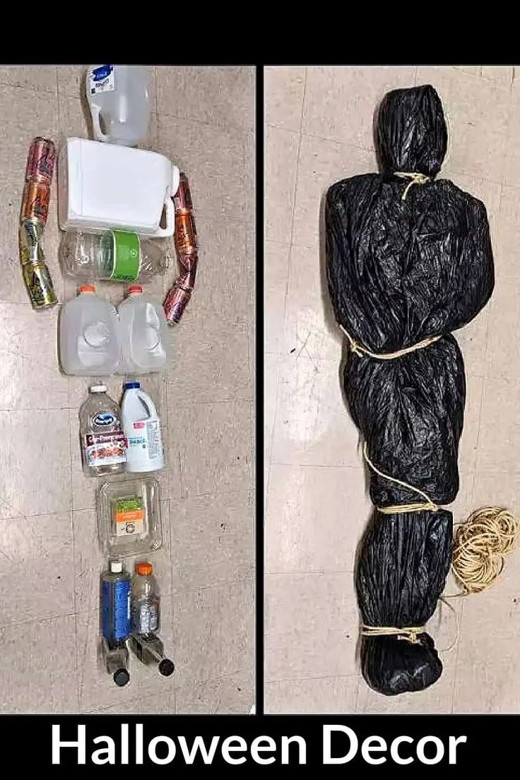 two pictures one is black and the other has items wrapped in plastic on the floor