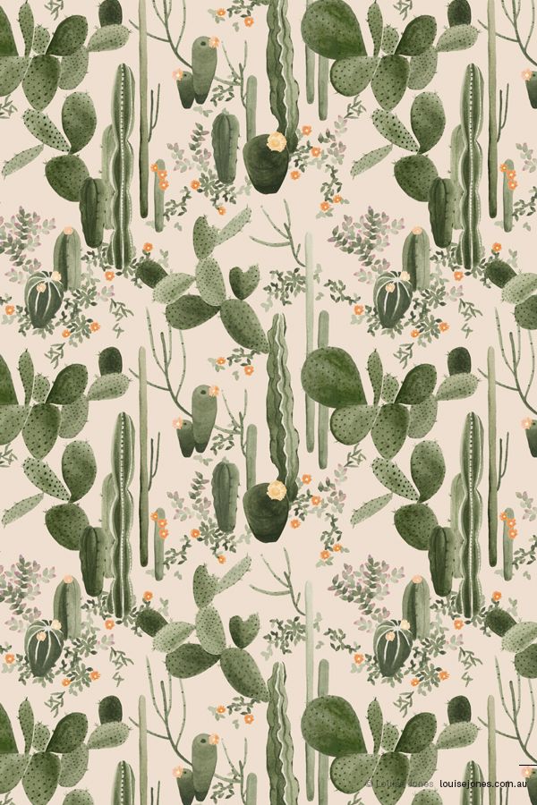 a green cactus pattern with flowers and leaves on a white background for wallpaper or fabric