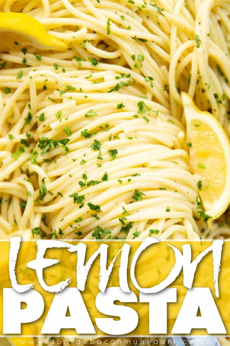 lemon pasta with parsley on top and the words lemon pasta above it in white letters