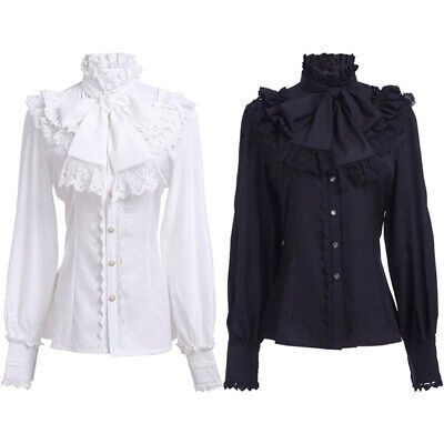 Top Rated Victorian Blouse Womens Gothic Lolita Shirt Vintage Long Sleeve Lotus Ruffle Top, Womens Tops Black Victorian Blouse, Victorian Fashion Gothic, Japanese Victorian Fashion, Visual Kei Clothing, Fantasy Blouse, Cute Button Up Shirts, Goth Blouse, Goth Long Sleeve, Victorian Outfit