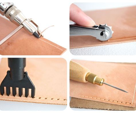 there are four pictures showing how to use a leather tool