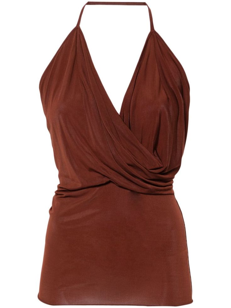 henna brown stretch-jersey draped design halterneck sleeveless V-neck with cowl effect open back unlined straight hem Draped Top, Wedding Guest Looks, Yoko London, Designer Drapes, City Dress, Summer Beach Wear, Ballet Flat Shoes, Lady Dior, Rick Owens