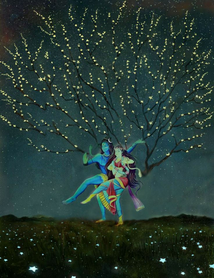 a painting of two people dancing under a tree with stars in the night sky behind them