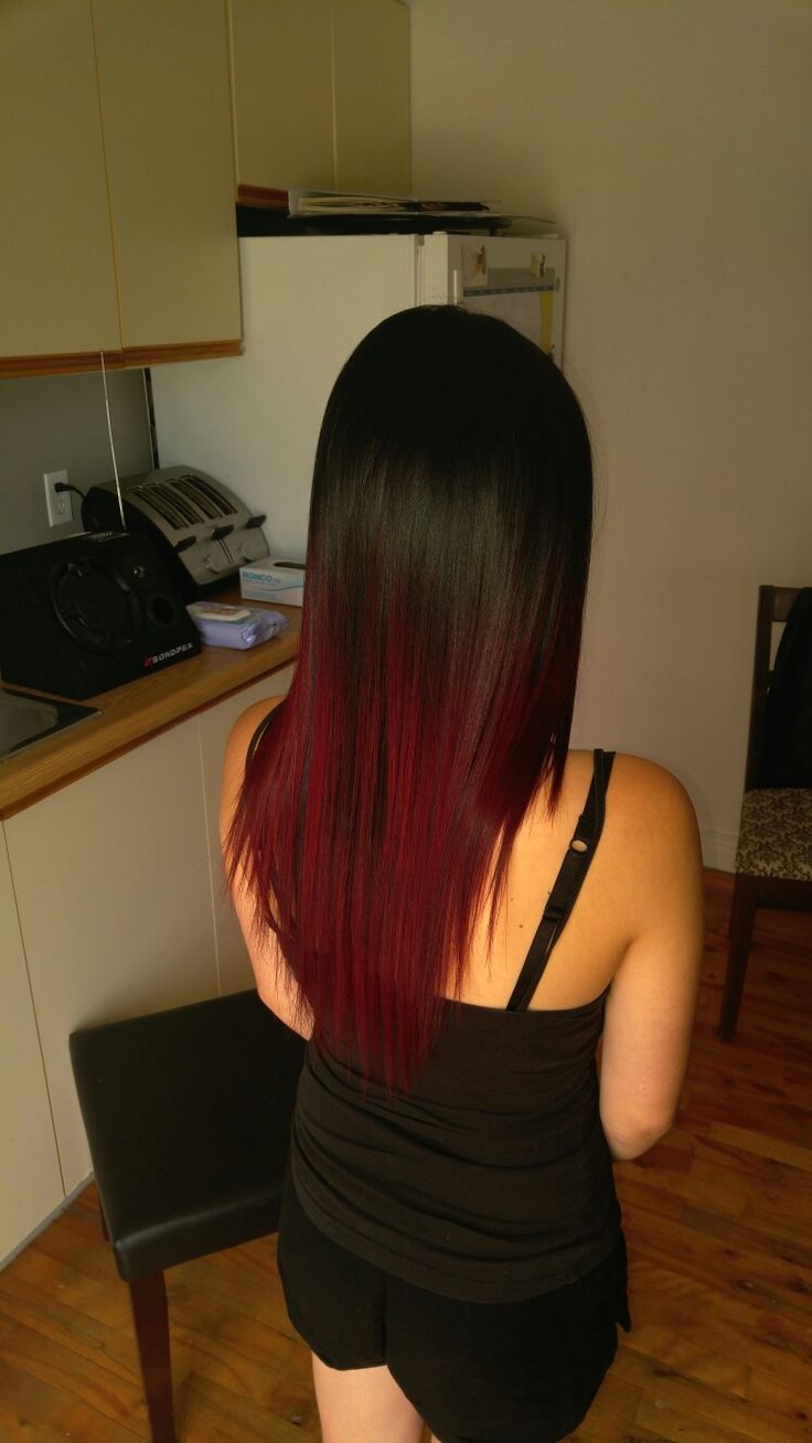 Red Ombre On Black Hair, Red Hair Roots Black, Black And Red Straight Hair, Black Fade To Red Hair, Black Faded Into Red Hair, Red Hair Bottom Layer, Black And Red Tips Hair, Cherry Red Streaks On Black Hair, Red Top Black Bottom Hair