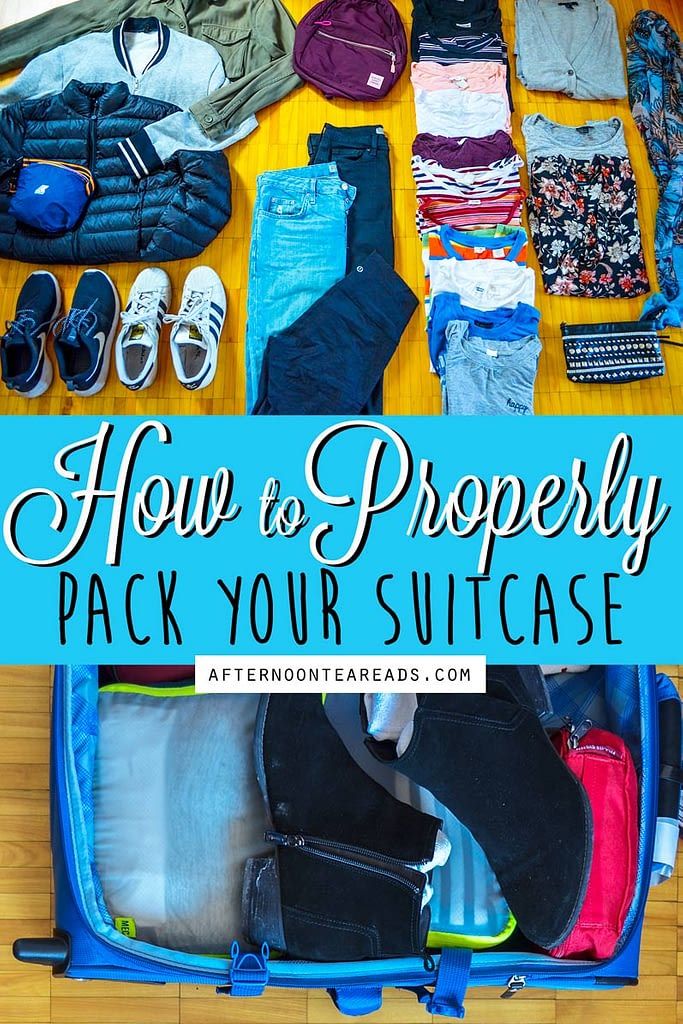 an open suitcase filled with clothes and shoes on top of a wooden floor next to the words how to properly pack your suitcase