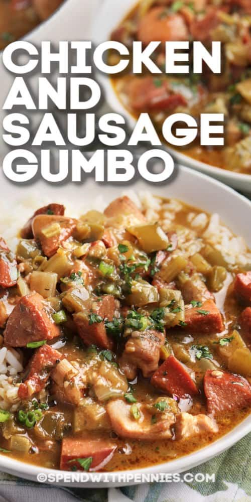 chicken and sausage gumbo in a white bowl