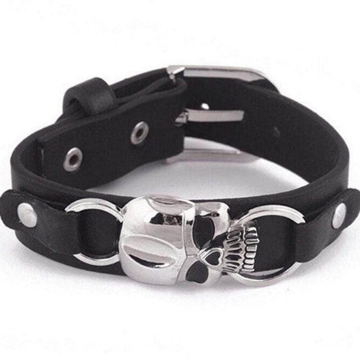 WE LOVE SKULL jewelry and this one does not disappoint. One for the men in your life. Features an adjustable closure. Sold as one individual bracelet. Edgy Black Metal Cuff Bracelet, Gothic Adjustable Bracelet For Streetwear, Adjustable Punk Bracelet For Streetwear, Adjustable Punk Bracelets For Streetwear, Adjustable Gothic Bracelet For Streetwear, Edgy Metal Jewelry With Black Band, Edgy Black Bracelet Strap Jewelry, Edgy Black Metal Wristband, Black Edgy Jewelry With Bracelet Strap