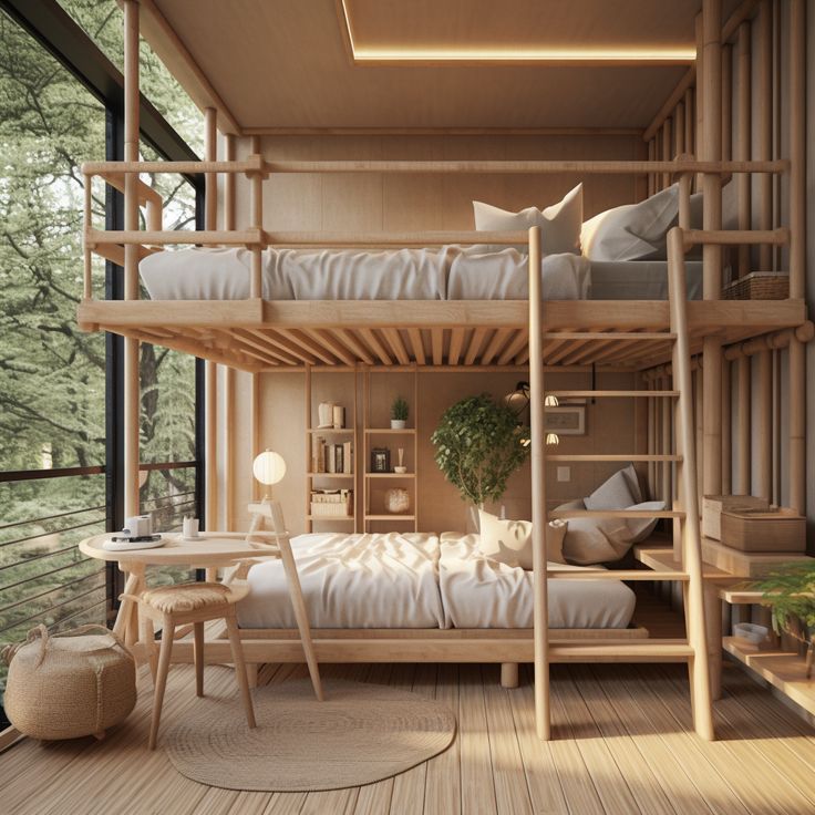 a bedroom with two bunk beds and a desk in front of the bed is made out of wood