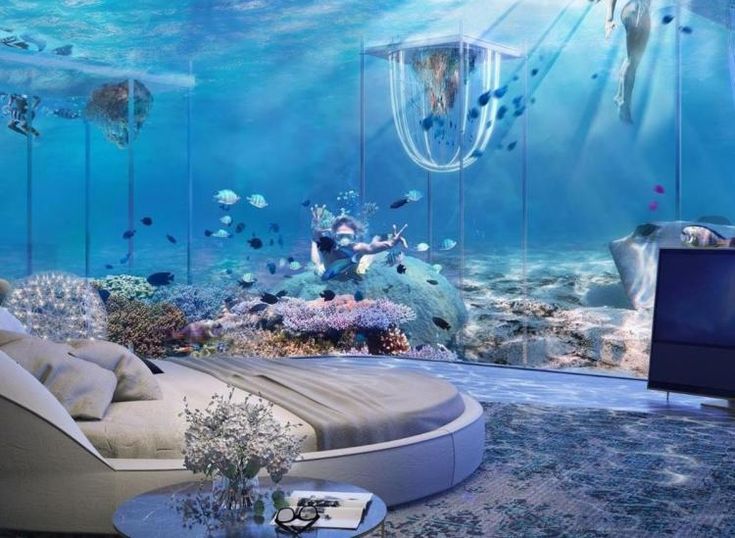 an underwater bedroom is shown in this image