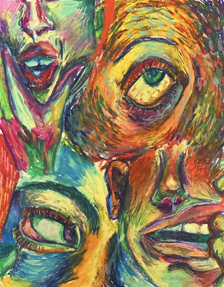 an image of three people with different colored faces and eyes painted in pastel pencils