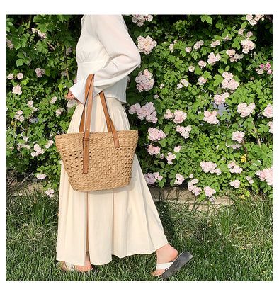 Elena Handbags Straw Basket Tote Bag Casual Double Handle Shoulder Bag For Spring, Casual Woven Bucket Shoulder Bag, Casual Woven Bucket Shape Shoulder Bag, Casual Woven Bucket Bag, Casual Braided Rectangular Bucket Bag, Casual Brown Straw Bag In Bucket Shape, Casual Bucket Bag With Braided Details, Casual Brown Straw Bucket Bag, Casual Brown Bucket Straw Bag