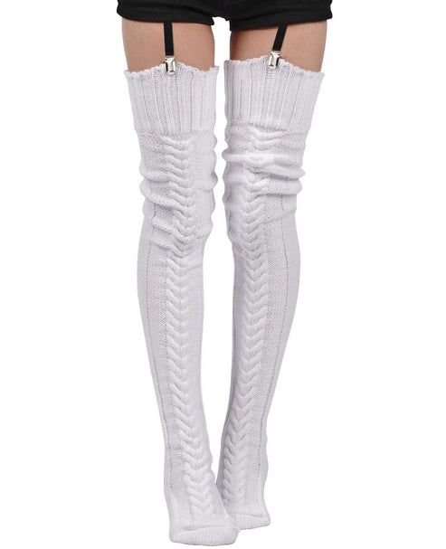 Thigh High Socks Thick Cable Knitted - White | Moon Wood Soft White Knee-high Socks For Winter, Thigh High Socks Aesthetic, White Knit Thigh High Socks, Casual White Thigh-high Stockings, Warm White Knee-high Socks, Cozy White Knee-high Socks One Size, Thigh Socks, Winter Stockings, Cable Knit Leg Warmers