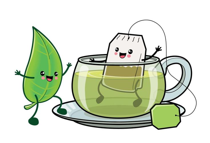 a cup of tea and a green leaf with two faces on it, both holding hands