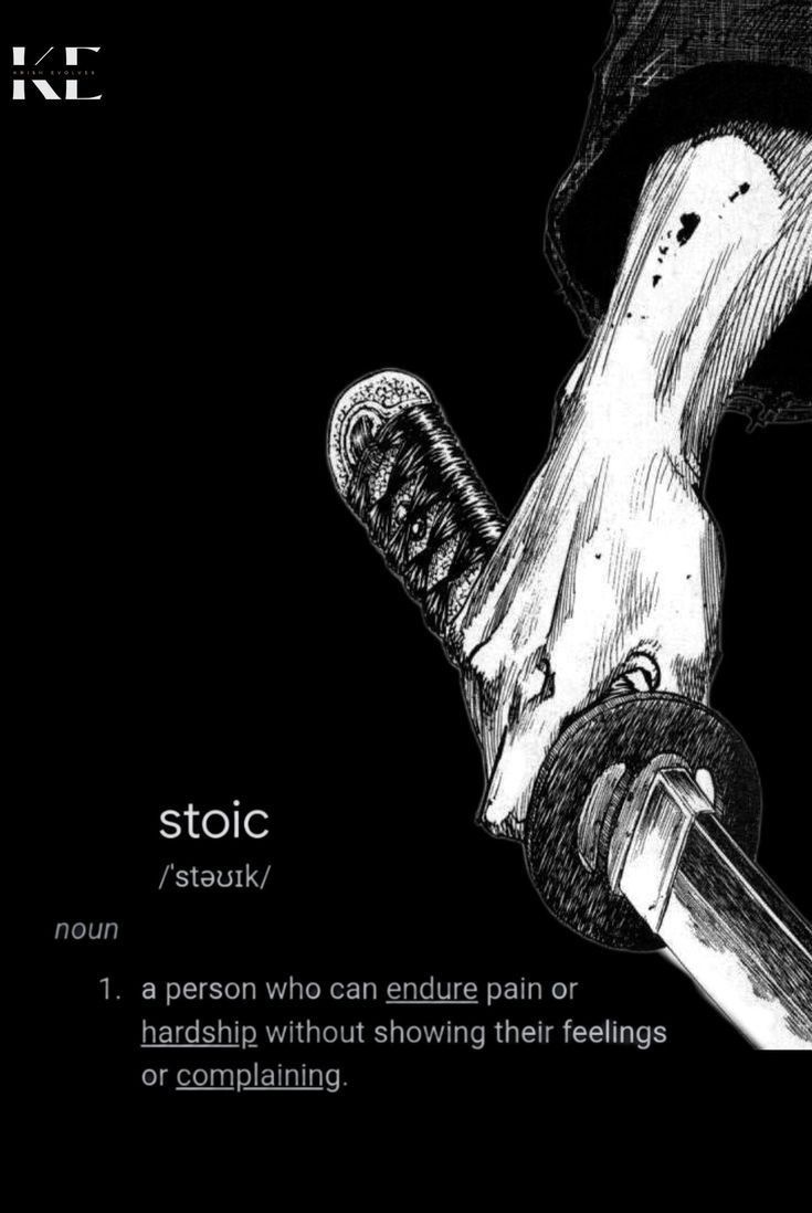 a black and white drawing of a knife with the words stoic written below it