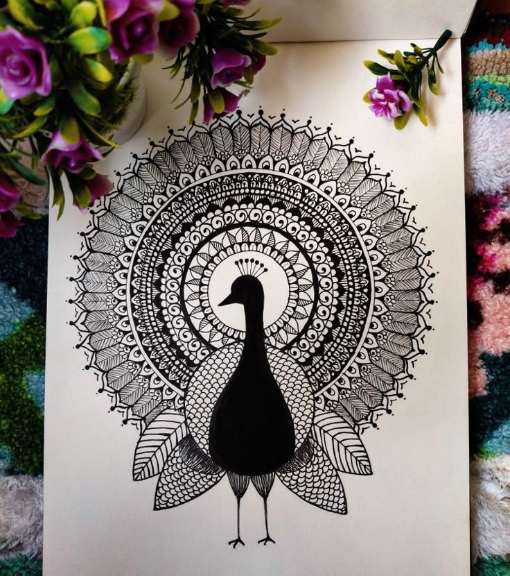 a black and white drawing of a peacock on a piece of paper with flowers in the background