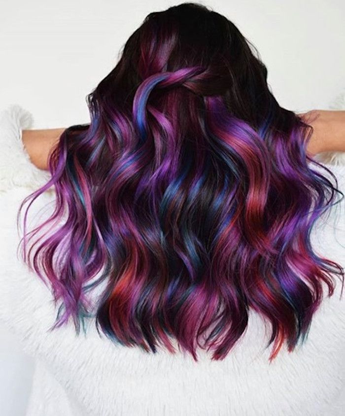 Vivid Balayage is 2020’s Sophisticated Take on Rainbow Hair Rainbow Hair Color Ideas, Oil Slick Hair, Maroon Hair, Vivid Hair Color, Rainbow Hair Color, Creative Hair Color, Purple Wig, Brown Hair With Blonde Highlights, Multicolored Hair