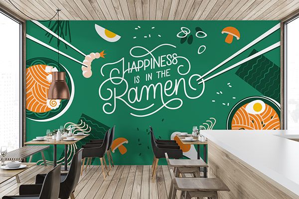 the interior of a restaurant with green walls and wood flooring that says happiness is in the komen