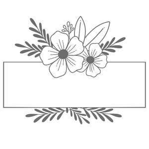 a black and white drawing of flowers with a banner in the middle on a white background