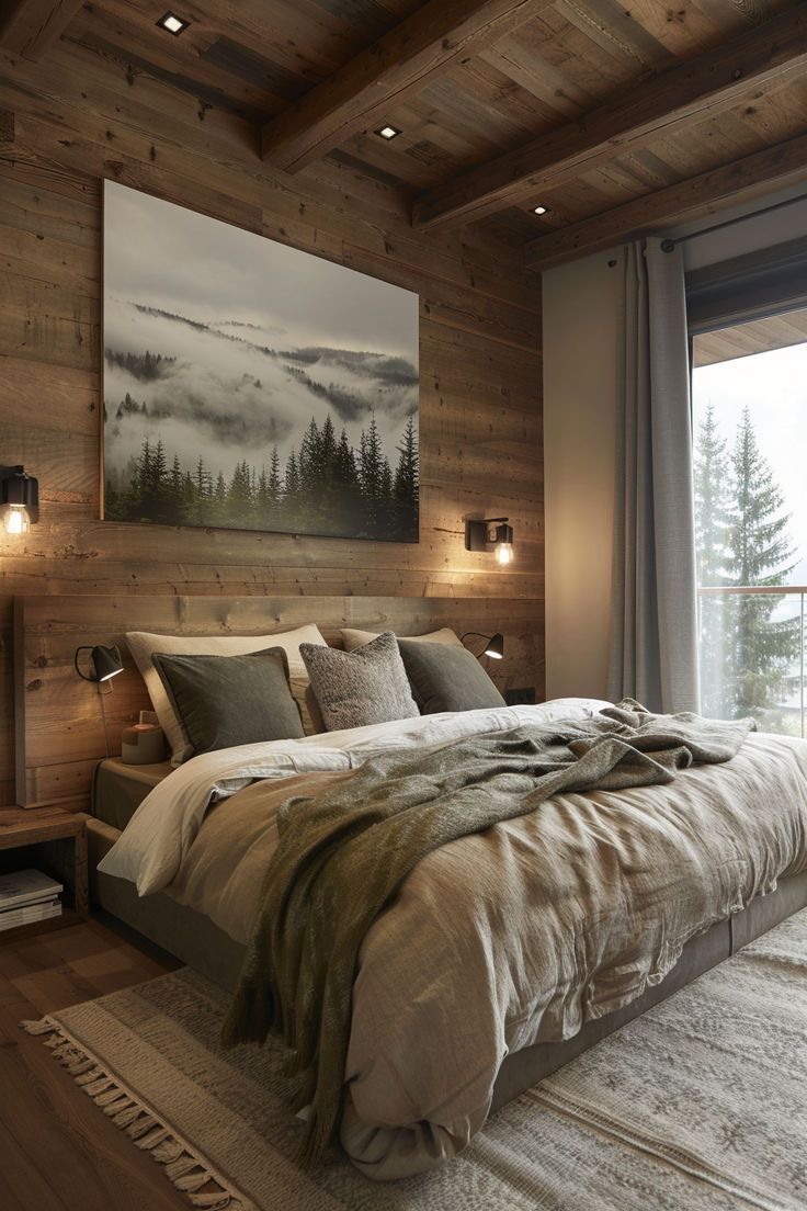 a large bed sitting in a bedroom next to a tall wooden wall with lights on it