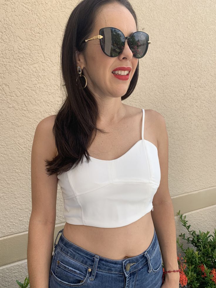 The perfect dressy crop top to pair with high waisted jeans and finish it off with a Blazer or Sweater. Dressy Crop Top, Trendy Chic, Beautiful Inside And Out, White Crop Top, Fall Collections, We Wear, High Waist Jeans, Round Sunglasses, White And Black