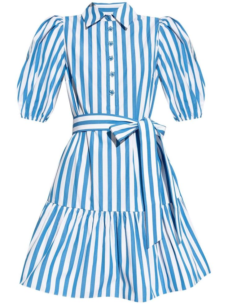 white/blue cotton poplin texture vertical stripe pattern classic collar front button placket short puff sleeves ruffle hem tied waist thigh-length Ruffled Shirt, City Dress, Ruffle Shirt, Kate Spade New York, Ruffle Hem, Cotton Poplin, Stripes Pattern, Puff Sleeves, Size Clothing