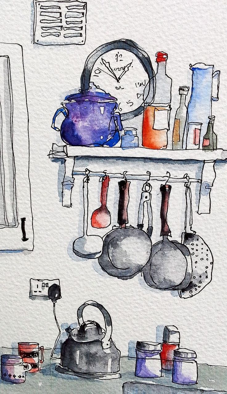 a painting of pots and pans hanging on a shelf in a kitchen with a clock