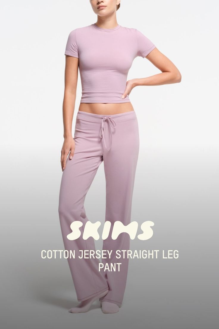 The comfiest lounge staple, designed with your favorite ultra-soft Cotton Jersey fabric. This straight-leg pant style features a ribbed waistband with an exterior drawcord at the waist. Make it a set with the Cotton Jersey T-Shirt. Fits true to size. | SKIMS Straight Leg Pant | Pink | XS | Cotton Jersey Bra Calculator, Straight Leg Pant, Cotton Jersey Fabric, Shirt Fits, Pant Style, T Shirt Bra, Fall Shopping, Lingerie Fashion, Boy Shorts