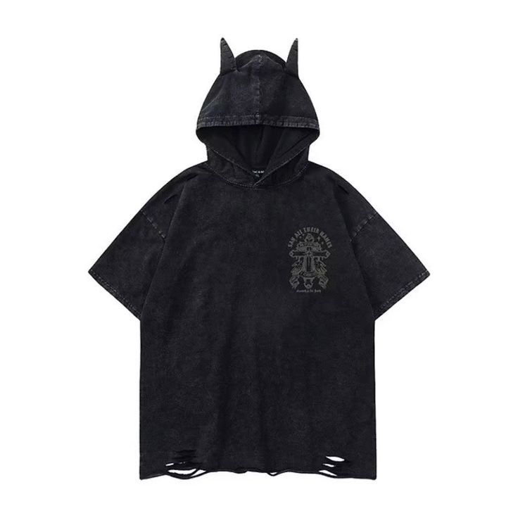 Introducing the American Street Devil Hooded T-Shirt, the perfect blend of comfort and style. This unique hooded t-shirt is designed to keep you looking cool and feeling comfortable all day long. Features: -90% Cotton, 10% Spandex -Crew Neckline -Fixed hood -Short sleeve design -Ripped detailing -Street/casual style Casual Hooded T-shirt With Graphic Print, Grunge Hooded Top With Letter Print, Hooded Grunge Tops For Streetwear, Oversized Graphic Print Hooded Top, Grunge Hooded Top For Streetwear, Oversized Hooded Top With Graphic Print, Hooded Cotton T-shirt With Graphic Print, Urban Hooded T-shirt With Graphic Print, Grunge Hoodie For Streetwear