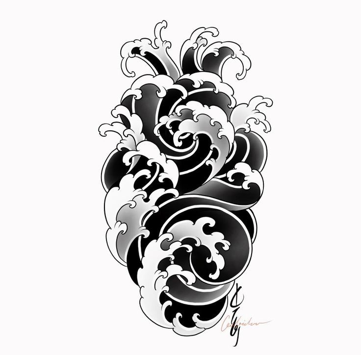 an artistic black and white tattoo design with swirls on the back of its arm