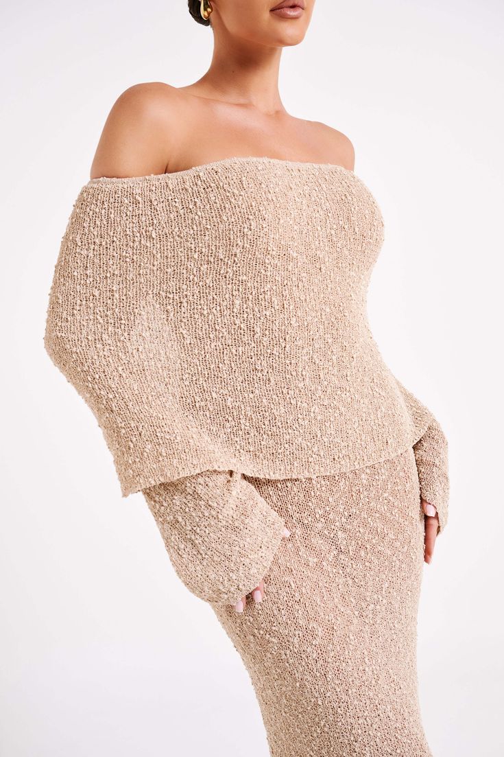 Wrapped up.MARISOL is a ribbed design dress made from a Boucle material that is both flattering from up close and across the room. The natural stretch of the fabric creates a figure-sculpting silhouette, while also featuring a unique drape-styled, off-shoulder neckline combined with flared long sleeves. Style yours with the Brandy Ankle Strap Heels to complete the look. FEATURES: Strapless neckline Long sleeve and overlay Elasticated top edge Soft boucle knit feel Unlined Maxi length FIT, FABRIC Boucle Material, Figure Sculpting, Boucle Knit, Crop Top Dress, Sleeves Style, Strapless Neckline, Design Dress, Dream Style, Ankle Strap Heels