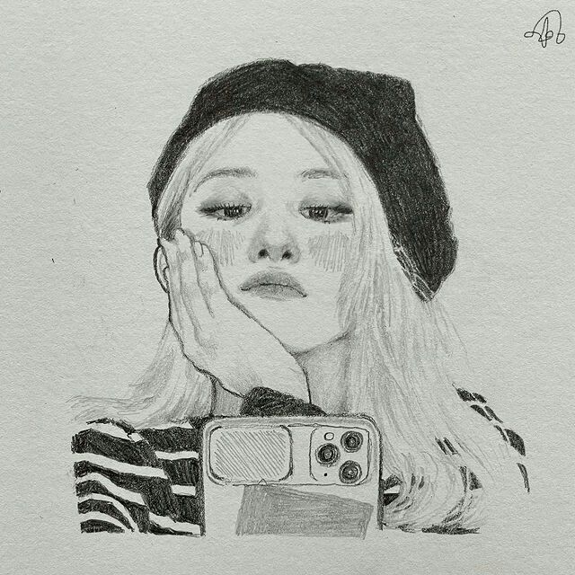 a drawing of a girl holding a camera in front of her face with one hand