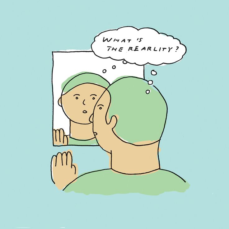 a man looking at himself in the mirror with thought bubble above his head on blue background