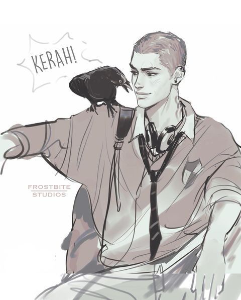 a drawing of a man with a bird on his shoulder