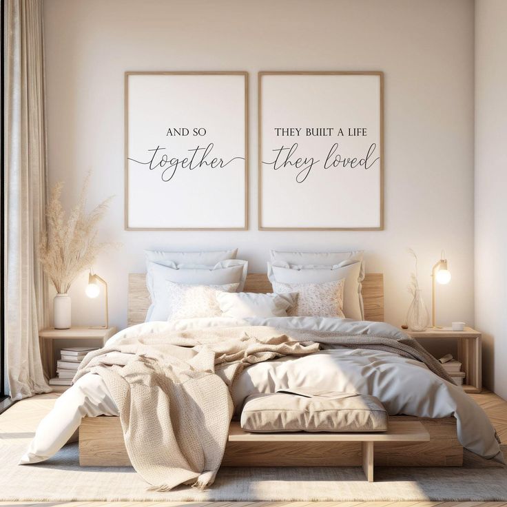 two framed pictures above a bed in a room with white walls and flooring, one is