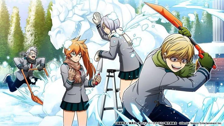 some anime characters are playing in the snow