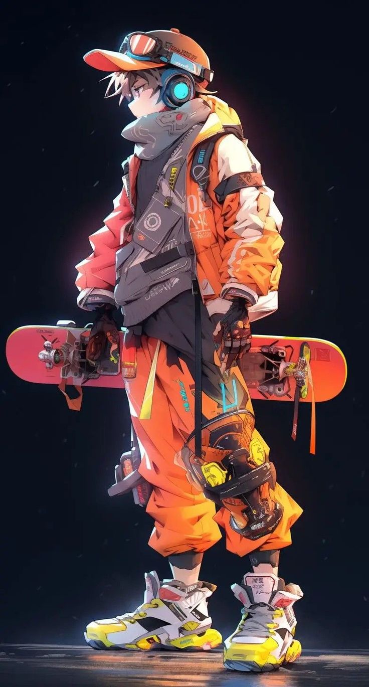 a man in an orange outfit holding a skateboard