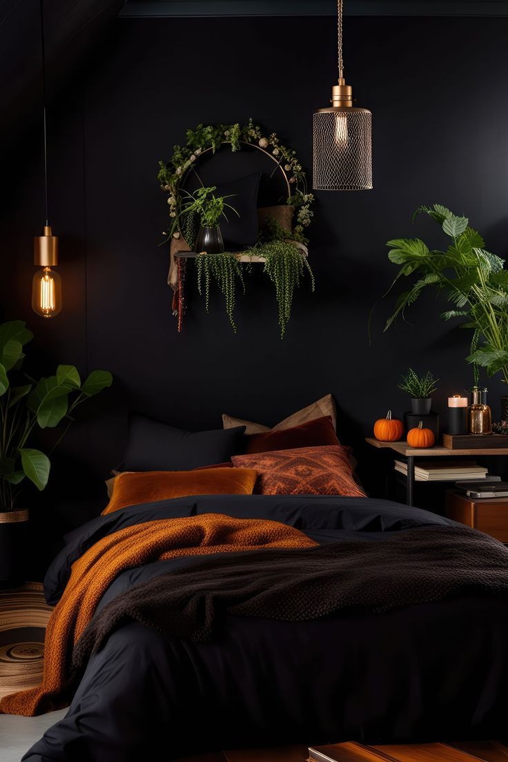 a bedroom with black walls and plants on the wall, bedding is made up