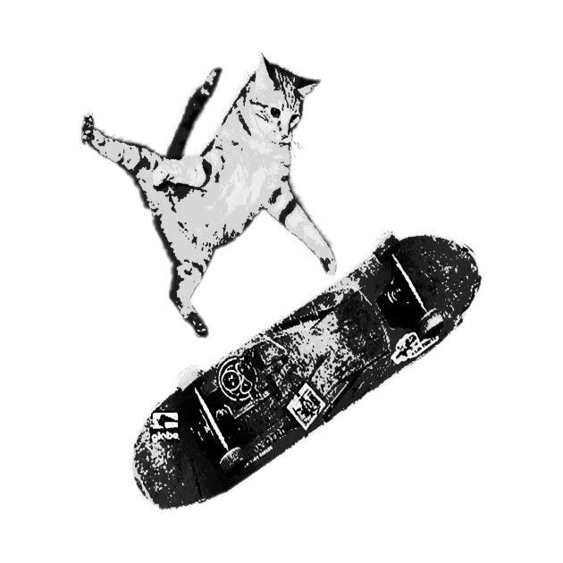 a black and white photo of a skateboard with a cat on it's back