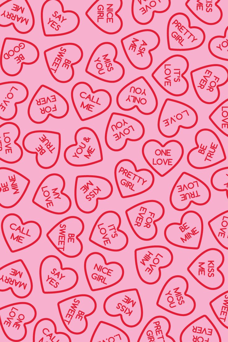 many hearts with words written on them in red and pink colors, all over a pink background