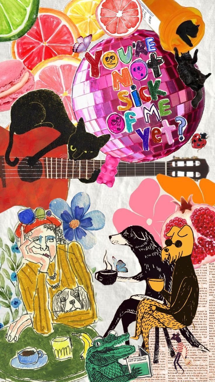 a collage of various images with words and pictures on them, including an image of a man playing the guitar