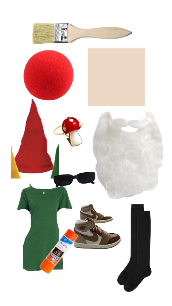 an assortment of costume items including shoes, wigs, and other things to make up the costume