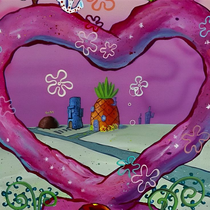 a pink heart shaped tree in the middle of a cartoon land with pineapples on it